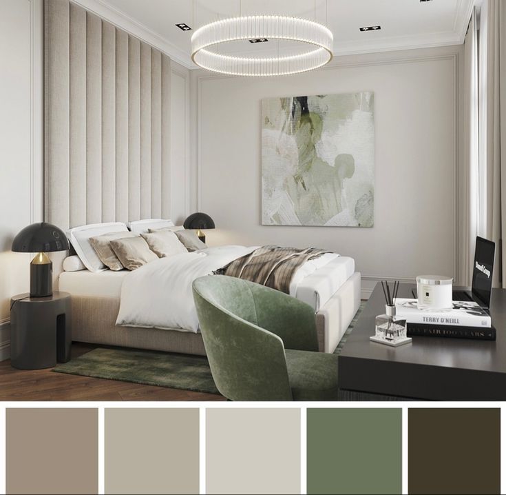 a modern bedroom with neutral colors and white furniture, including a large painting on the wall