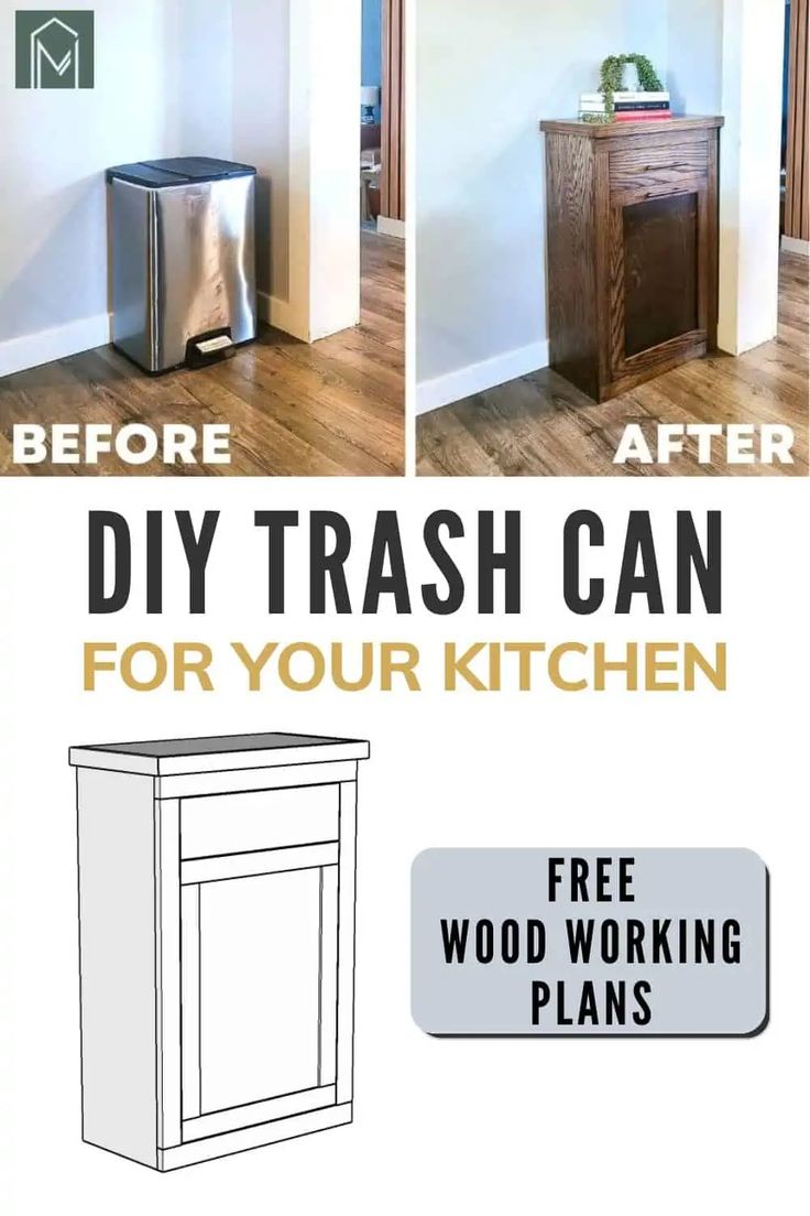 an advertisement for a kitchen with the words diy trash can for your kitchen free wood working plans