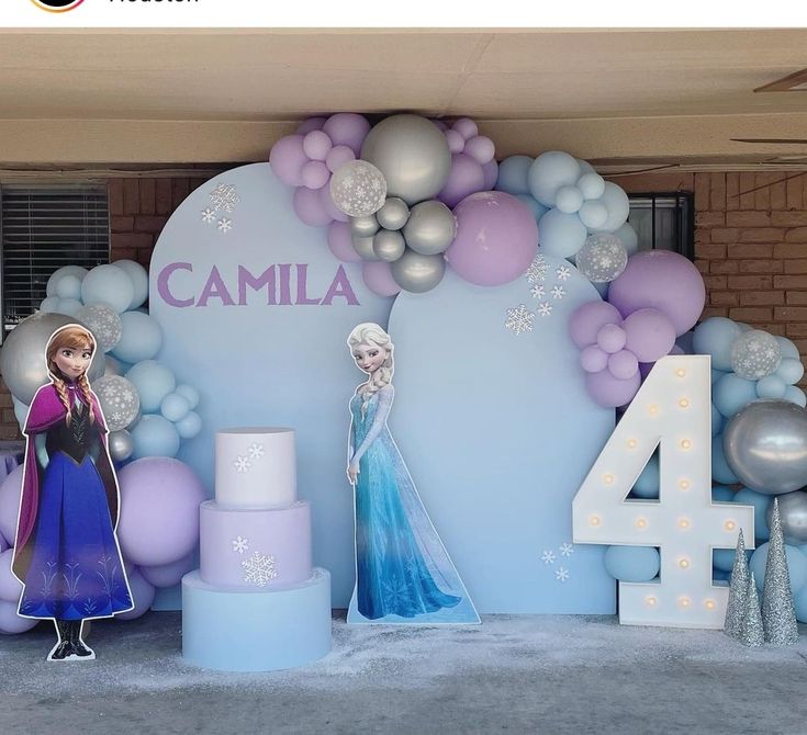 frozen princess themed birthday party with balloons and decorations