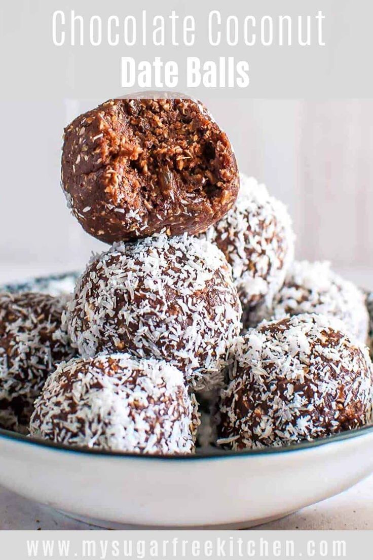 chocolate coconut date balls stacked on top of each other in a bowl with text overlay