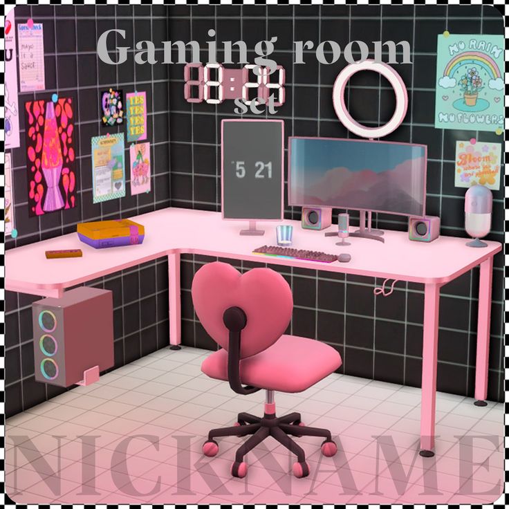 a computer desk with a pink chair in front of it and the words gaming room on the wall