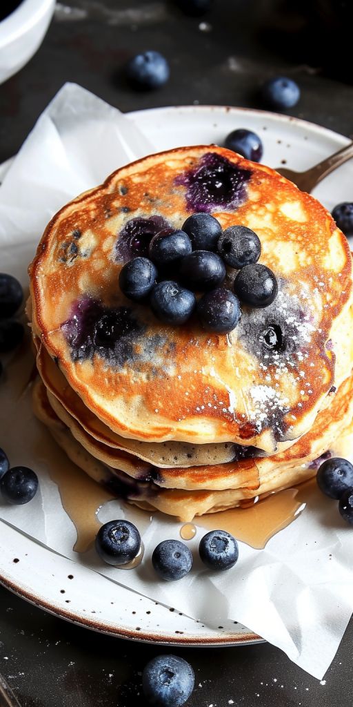 pancakes with blueberries and powdered sugar are on a plate, ready to be eaten