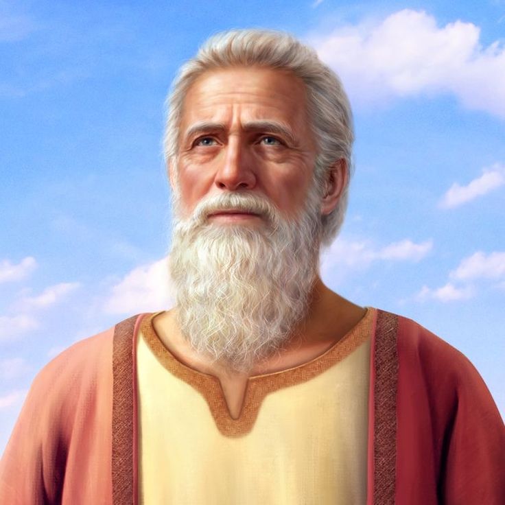 an old man with white hair and beard standing in front of a blue cloudy sky