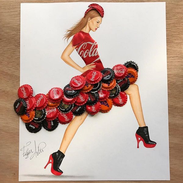 a drawing of a woman with coca - cola bottle caps on her skirt and high heels