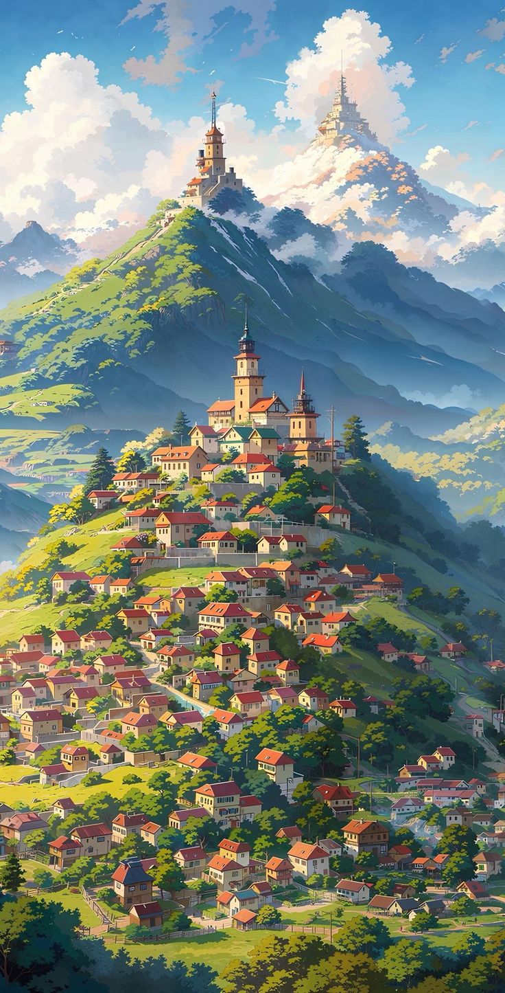 a painting of a town on top of a mountain