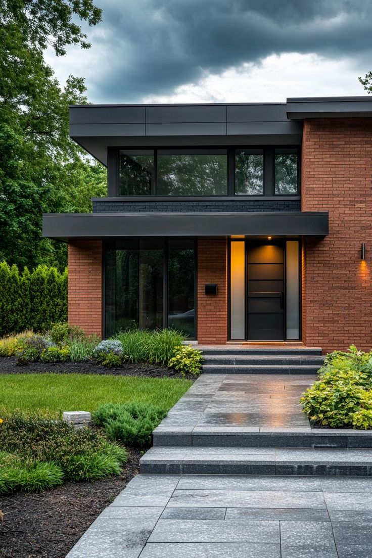 a modern house with steps leading up to the front door and landscaping around it on a cloudy day