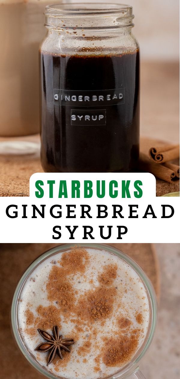 gingerbread syrup in a glass with cinnamon sprinkles on top and the words starbucks's gingerbread syrup above it