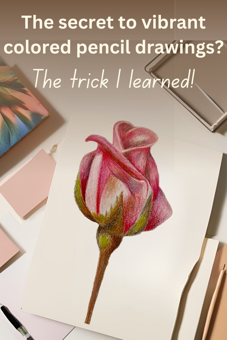 a card with a drawing of a pink rose on it and the text, the secret to vibrant colored pencil drawings? the trick i learned