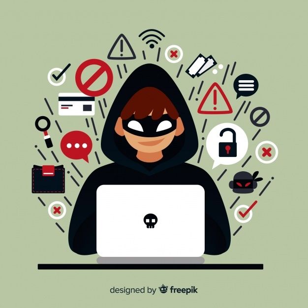 a person wearing a mask and using a laptop with icons around them in the background