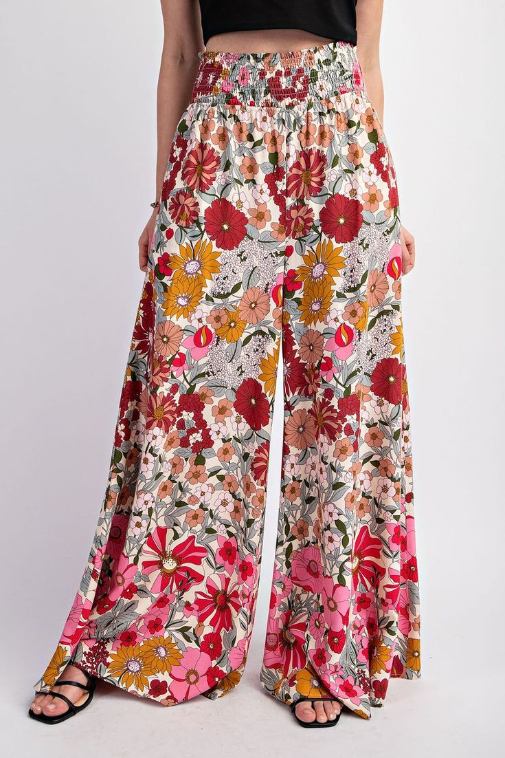 Floral Flare Wide Leg Pants | JQ Clothing Co. Floral Print Wide Leg Bottoms In Viscose, Summer Wide-leg Viscose Pants, Summer Viscose Wide-leg Pants, Full Length Rayon Pants For Loungewear, Spring Wide Leg Viscose Bottoms, Spring Viscose Wide Leg Bottoms, Bohemian Style Flowy Bottoms With Floral Print, Bohemian Flowy Bottoms With Floral Print, Spring Viscose Wide-leg Bottoms