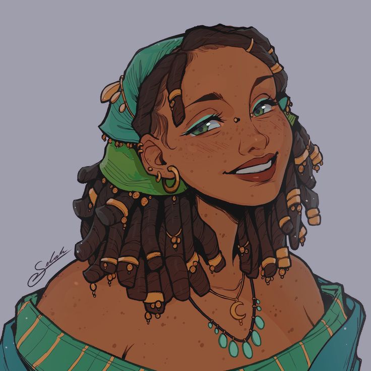 a drawing of a woman with dreadlocks and a green scarf on her head