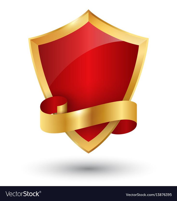 a red and gold shield with a ribbon