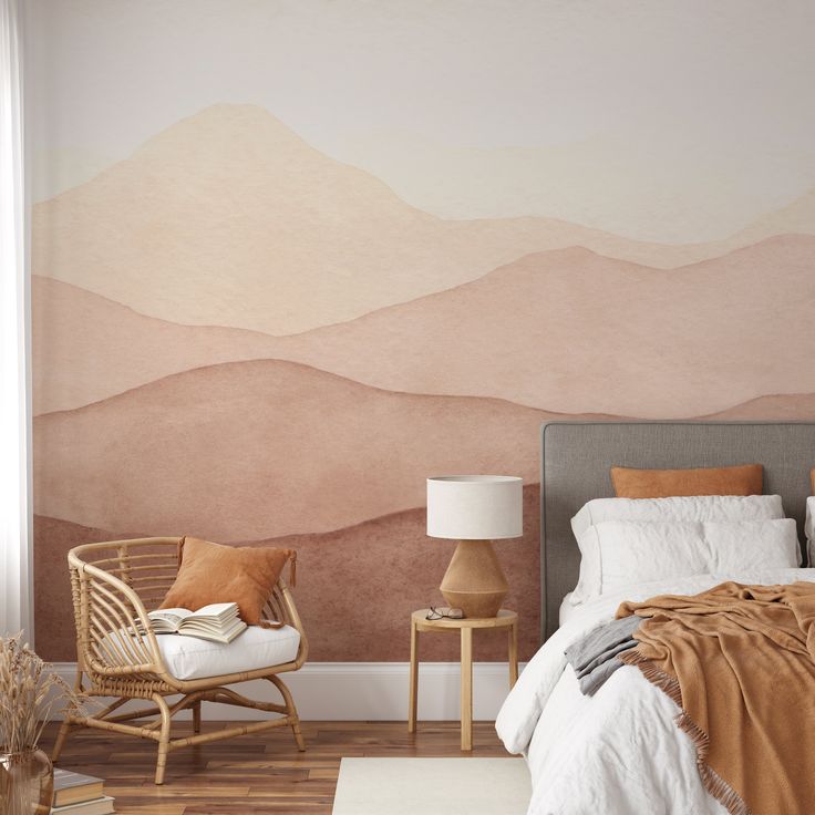 Boho Landscape Wallpaper Mural image 4 Modern Southwestern Wallpaper, Southwest Wallpaper Accent Wall, One Wall Wallpaper Bedroom Boho, Wallpapered Accent Wall Bedroom, Wallpaper Boho Bedroom, Airbnb Decor Room Ideas Boho, Peel And Stick Wallpaper Boho, Aesthetic Wallpaper For Bedroom Wall, Boho Wallpaper Bedroom