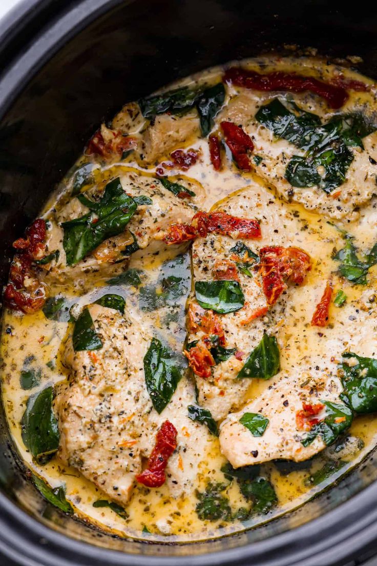 chicken with spinach and cheese in the slow cooker