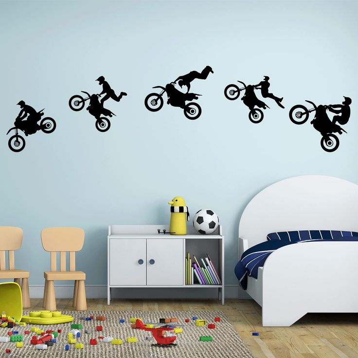 PRICES MAY VARY. You will receive: 1×motocross wall sticker. Dirt bike style wall decor, creatively decorate your home. You can paste according to the picture or DIY according to your own ideas. Size: 63”×15.7”. Durable material: Our dirt bike decals are made of vinyl material, which with highly quality, waterproof and self-adhesive functions. Notice: Please do not use on powder coating walls. Easy to peel and paste: Choose the place to be pasted, make a simple plan according to the order of pas Motocross Bedroom Ideas, Dirt Bike Decor, Motocross Bedroom, Racing Room, Dirt Bike Room, Motocross Stickers, Wall Stickers Sports, Boys Room Decals, Bike Decals