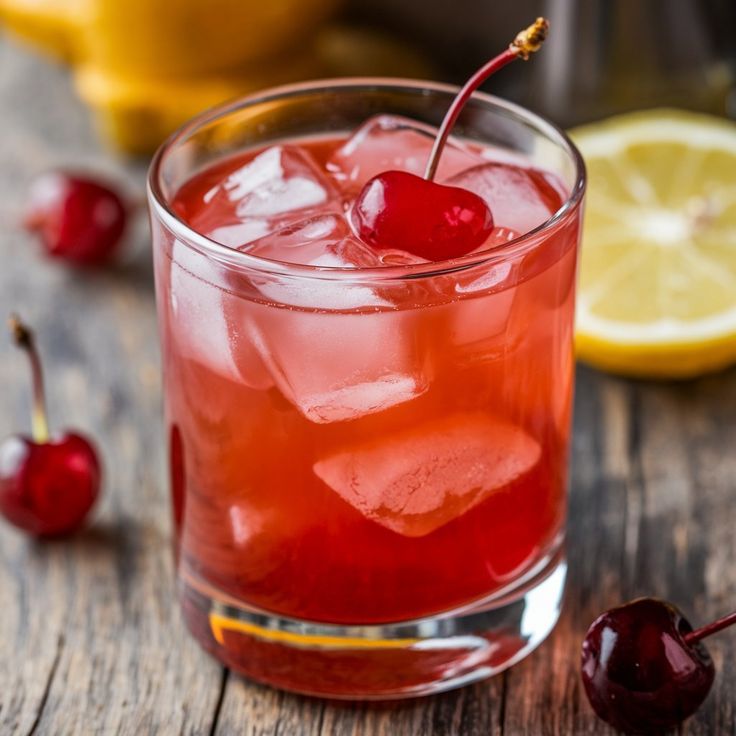 a drink with cherries and lemon on the side