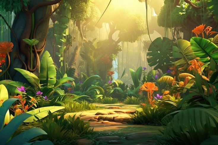 an image of a jungle scene with sunbeams in the background and flowers on the ground