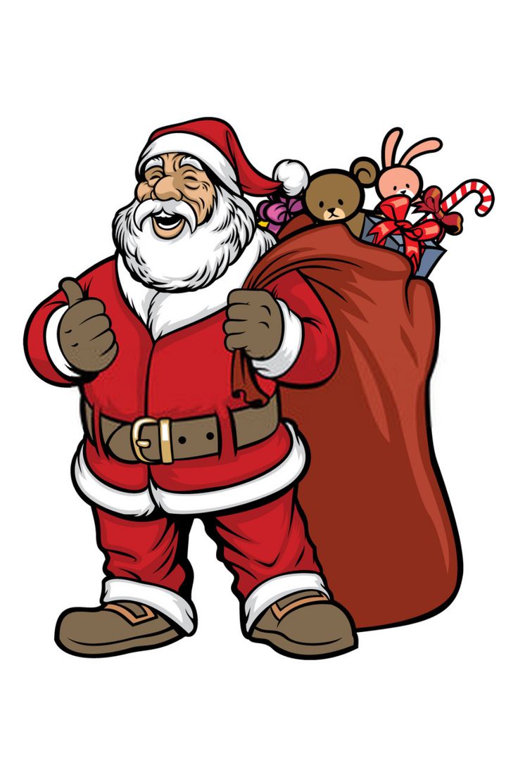 santa claus carrying a sack full of gifts and stuffed animals on his back, isolated on white background