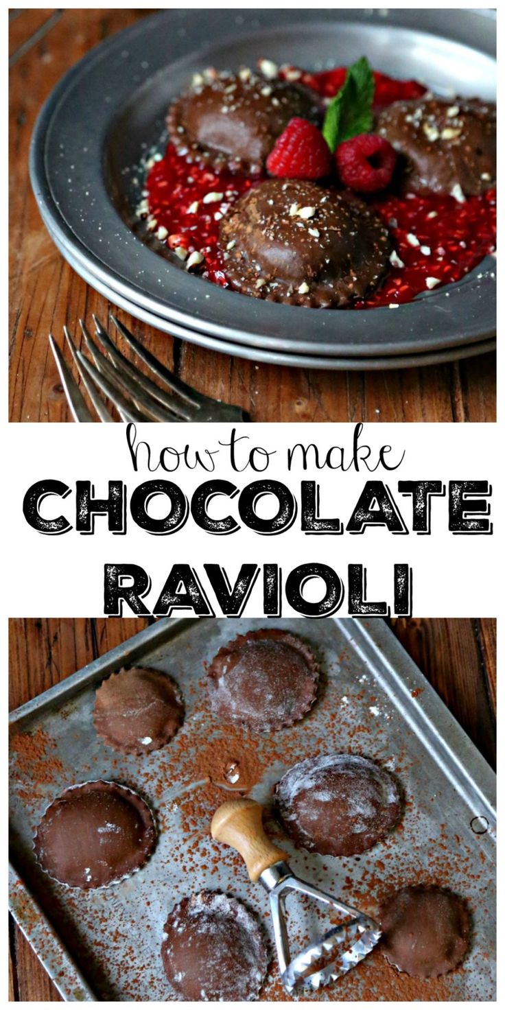 chocolate ravioli with raspberries on top in a pan and then topped with powdered sugar