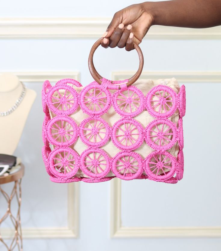 This two in one handbag is perfect for the summer occasion. Woven circles and tan insert add the classic touch to each outfit. Pink Bohemian Summer Bag, Bohemian Pink Crochet Bag For Summer, Luxury Pink Bohemian Bags, Bohemian Pink Bag With Double Handle, Bohemian Handmade Pink Bag, Jen Taylor, Branding Inspo, Secret Sale, Quality Fashion