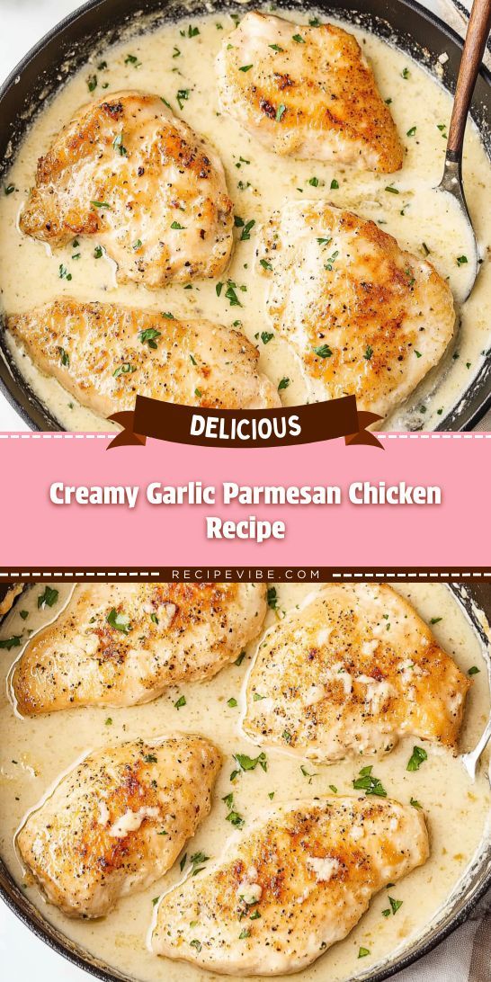 creamy garlic parmesan chicken recipe in a skillet with the title above it