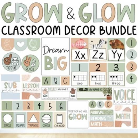 a classroom decor bundle with the words grow and glow written in different colors on it