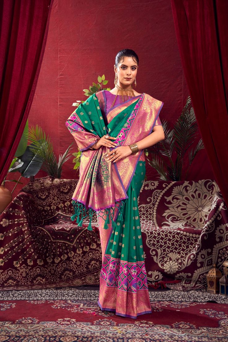 Saree Fabric : Banarasi Silk Saree Color : Rama Green Saree Length : 5.5 Meter Blouse Length : 0.8 Meter Saree Work : Zari Woven Work All Over with Patola Border Wash : Dry Clean Product color may little differ as per the brightness or color settings of your device Rama Green Saree, Patola Border, Paithani Silk Saree, Saree Work, Banarasi Silk Saree, Green Saree, Saree Fabric, Saree Dress, Blouse Length