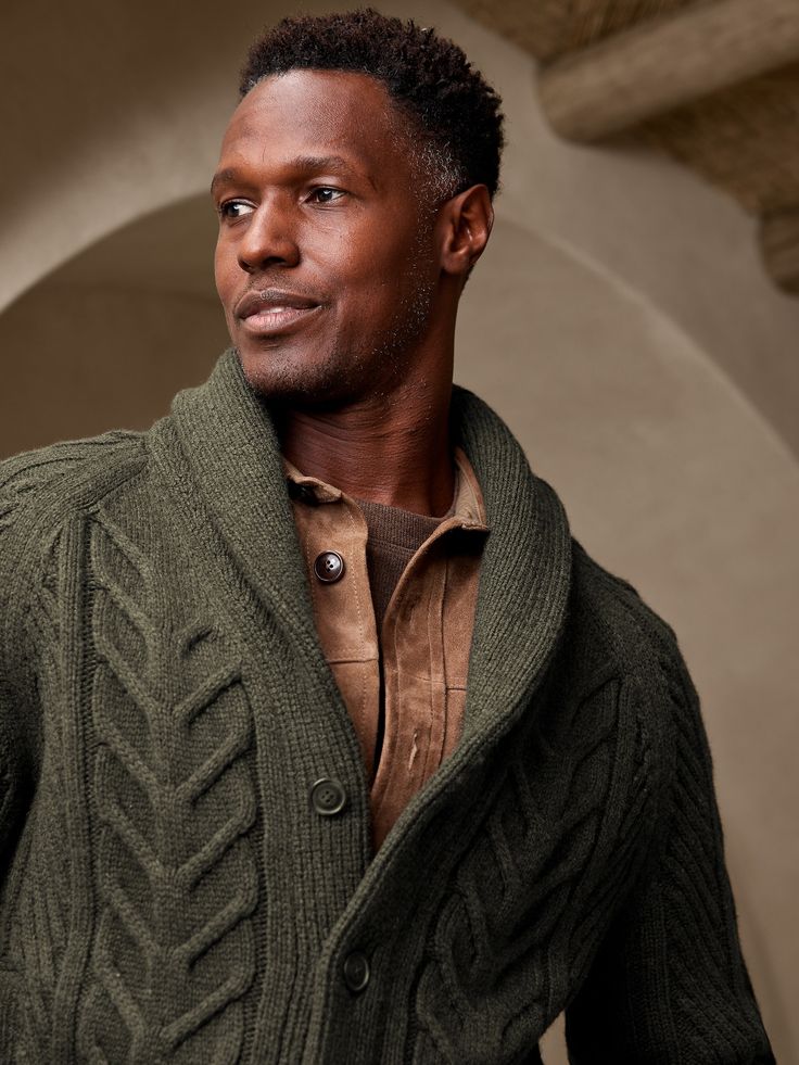 Command the season in an infinitely cozy marriage between sweater and cardigan.  This lofty shawl-collar cardigan employs a cable-knit stitch and luxurious Italian wool blend to keep you warm when the first snowflake falls.  FROM ITALY'S FILPUCCI MIL Shawl Cardigan Men Outfits, Fall Cable Knit Sweater Coat With Shawl Collar, Cable Knit Shawl Collar Cardigan For Winter, Winter Cable Knit Sweater With Shawl Collar, Knit Shawl Collar Sweater For Cold Weather, Fall Cable Knit Sweater With Shawl Collar, Knit Cardigan With Shawl Collar For Cold Weather, Cable Knit Sweater With Shawl Collar For Fall, Cozy Knit Sweater With Shawl Collar