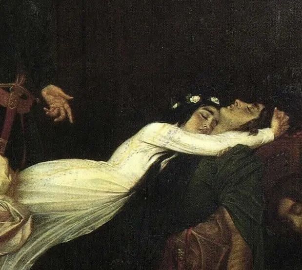 a painting of a woman laying on the ground with her arm around a man's neck