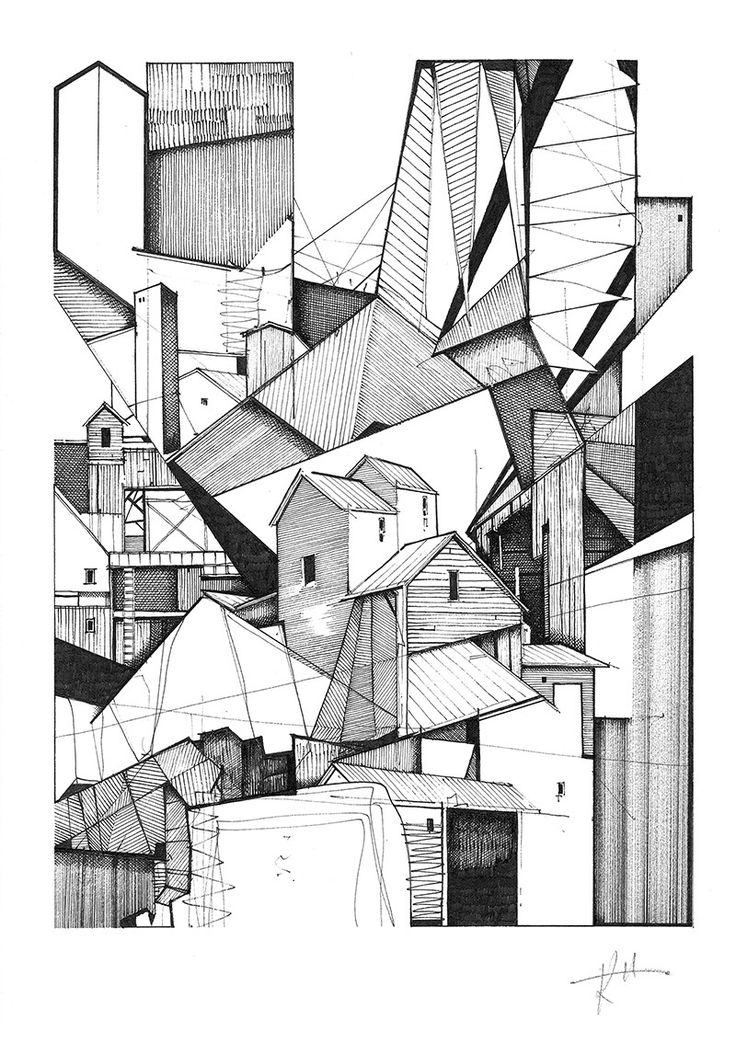 black and white drawing of abstract shapes with buildings in the background, including one building