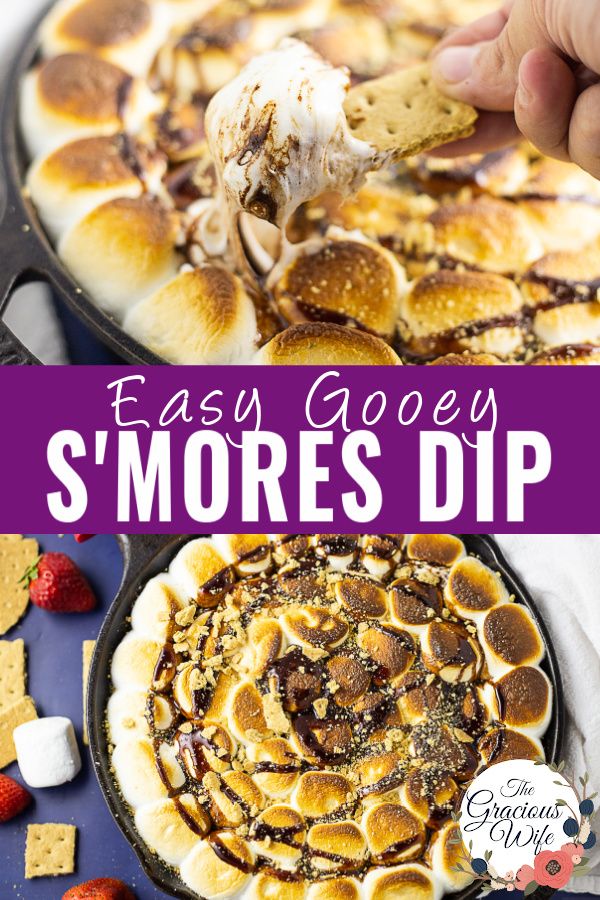 easy gooey s'mores dip recipe in a cast iron skillet with text overlay