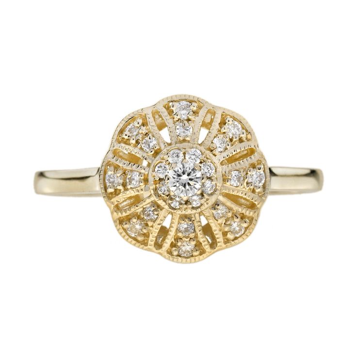 A lovely floral ring for anyone who loves antique-inspired jewelry. Made of diamonds set on 14k yellow gold. The twenty-five diamonds form a flower sit on the open worked floral motif for a beautifully feminine design that’s the perfect finishing touch to a special gift. Ring Information Metal: 14K Yellow Gold Total weight: 2.40 g. (approx. total weight) Ring size: US 3 – 8 available Center Gemstones Type: Diamond Average Color: H Average Clarity: SI Shape: Round Size: 2.2 mm. Number: 1 Weight: Floral Ring, Antique Inspiration, Art Deco Diamond, Inspired Jewelry, Feminine Design, Gift Ring, Vintage Diamond, Cluster Ring, Ring Box