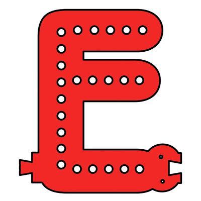 the letter e is made up of small holes and rivets on it's sides