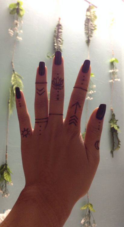 a person's hand with tattoos on it and some plants hanging from the wall