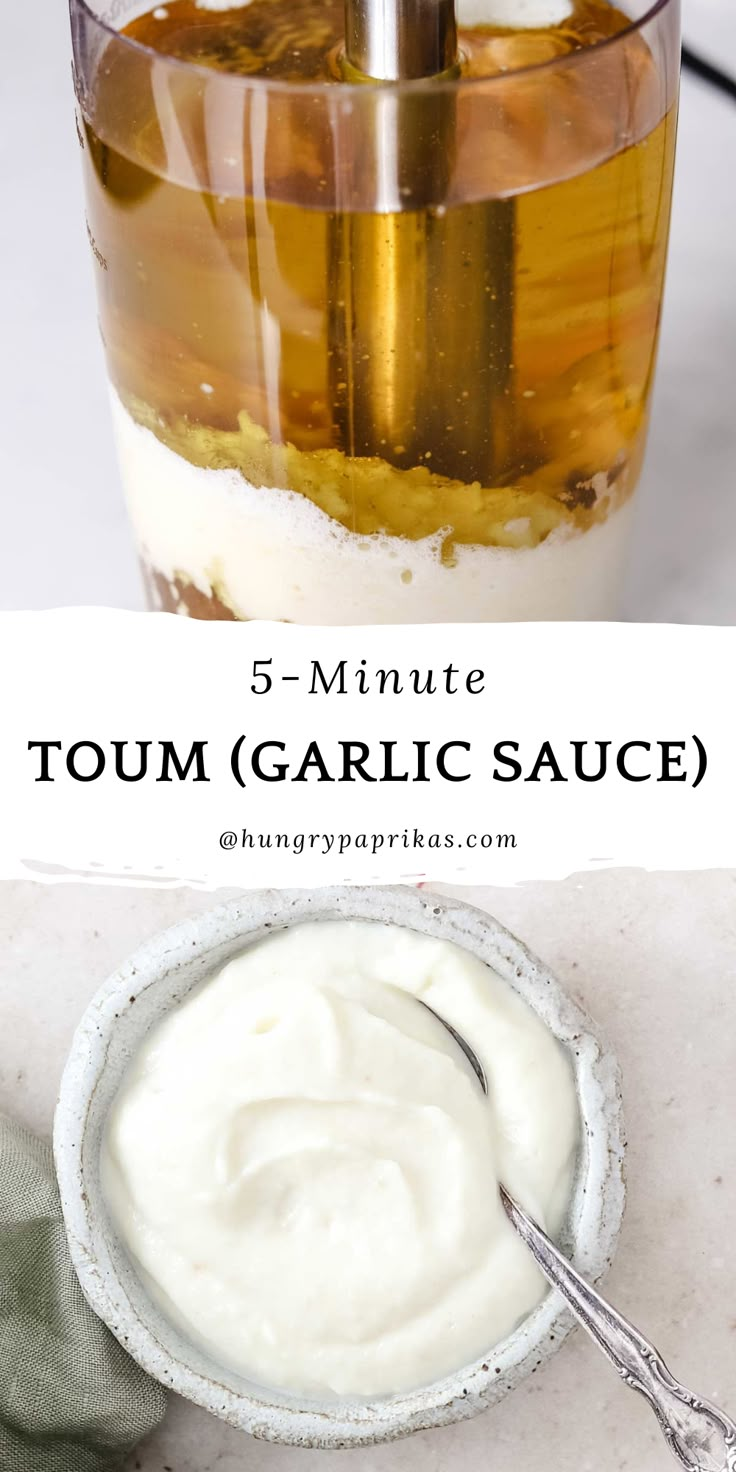 Top photo: oil, garlic and lemon being blended with an immersion blender Mediterranean Garlic Sauce, Shawarma Garlic Sauce, Toum Garlic Sauce, Toum Recipe, Whipped Garlic, Lebanese Garlic Sauce, Garlic Sauce Recipe, The Mediterranean Dish, Chicken Kabobs