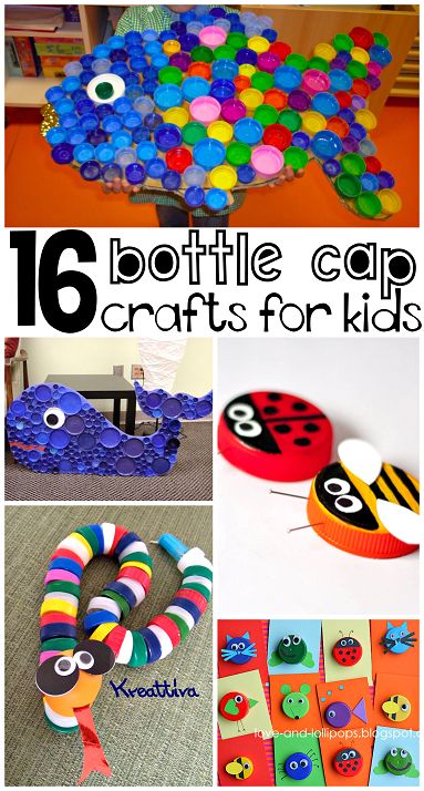 collage of different crafts and activities for kids to do with the bottle cap craft