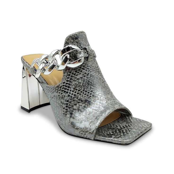 Ninety Union-Ryder Sandal It's an enigma around your feet when you've put on the Ninety Union Ryder sandal. A chain link and flashy metallic heel bring all the attention to this square-toe slide. Birkenstock Styles, Metallic Heels, Shoe Carnival, Silver Shoes, Dress Sandals, Shoe Store, Socks Women, Women's Pumps, Chain Link