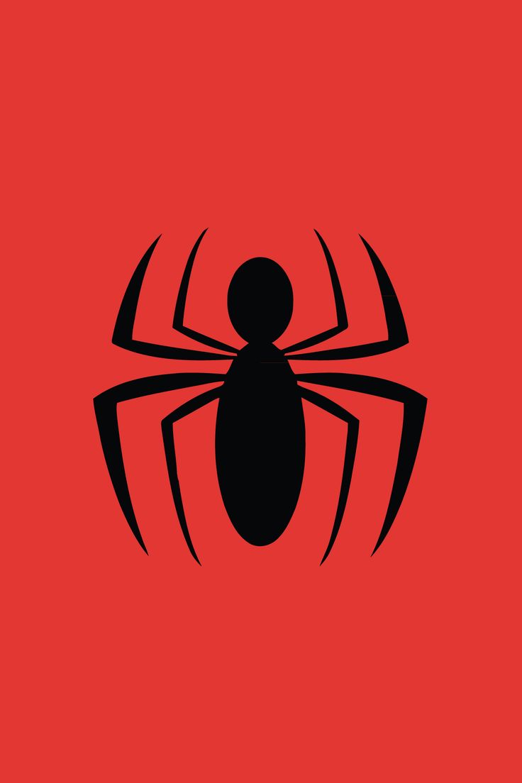 a black spider logo on a red background