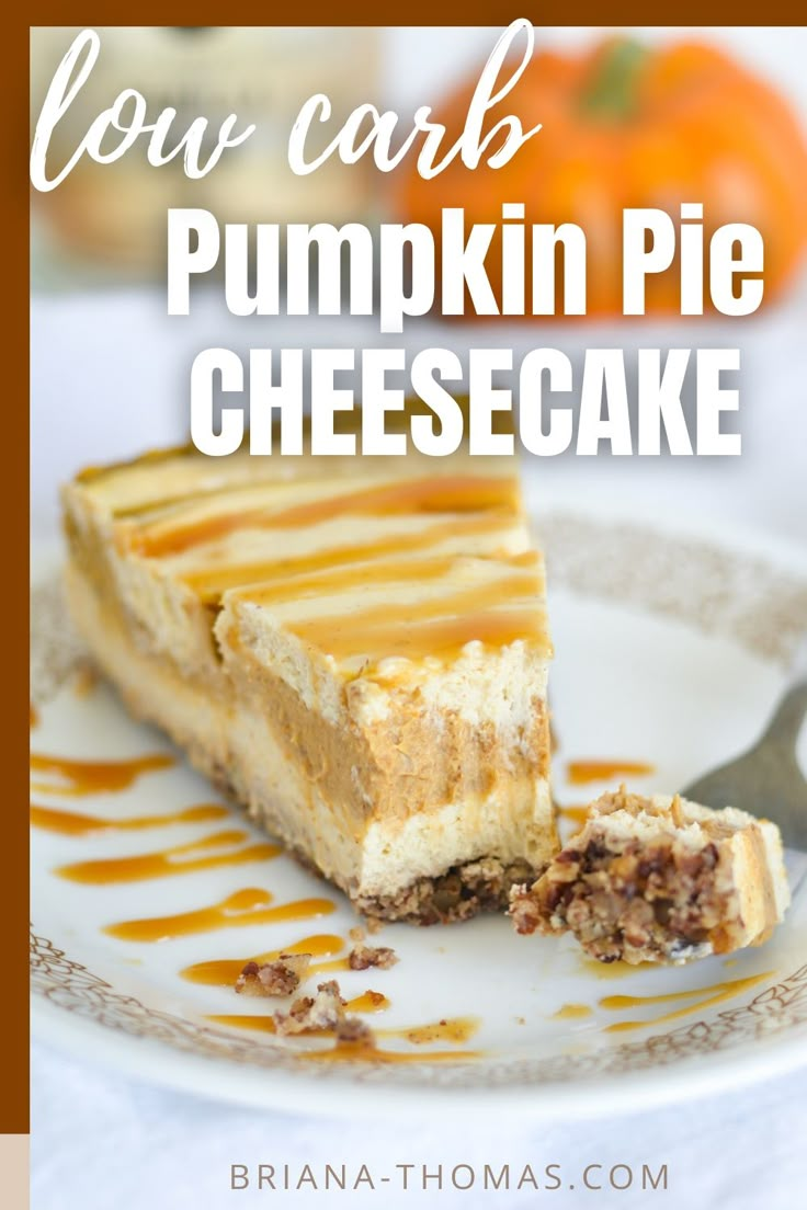 a slice of pumpkin pie on a plate with caramel drizzle and text overlay