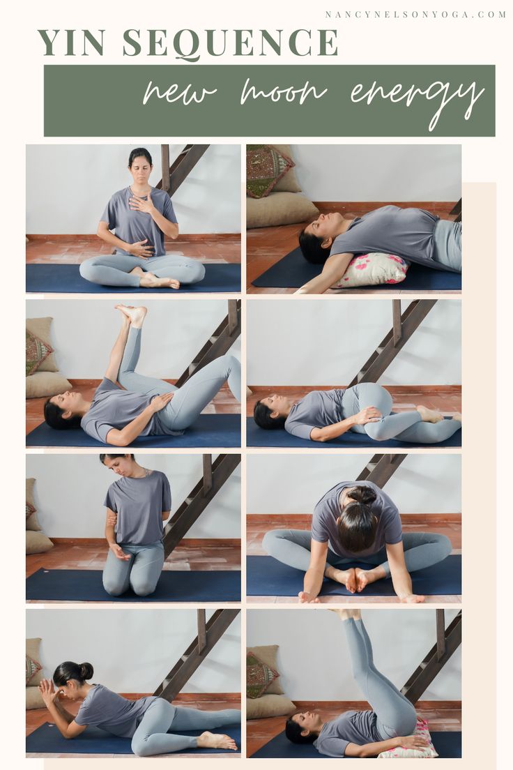 a woman doing yoga poses with the words yin sequence below her and above her head