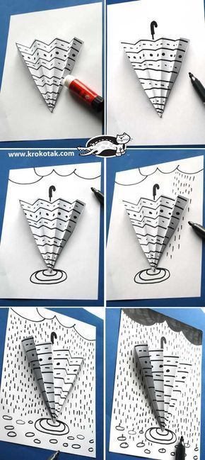 four pictures showing how to make an origami umbrella with paper and scissors on it