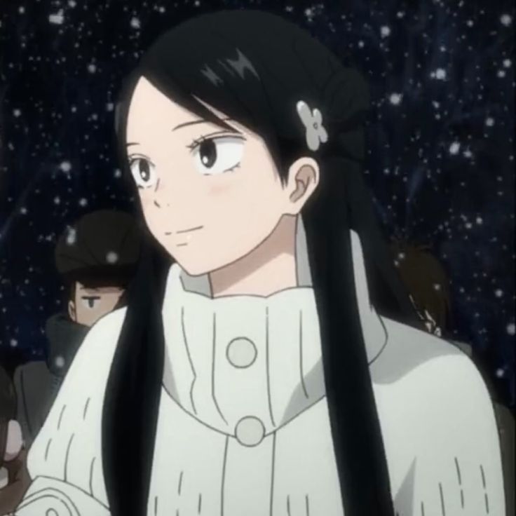 an anime character with long black hair standing in front of snow covered trees and stars