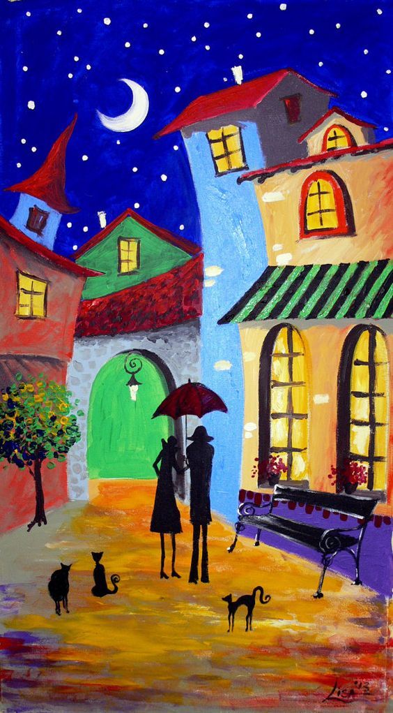 an acrylic painting of people with umbrellas in front of a house at night