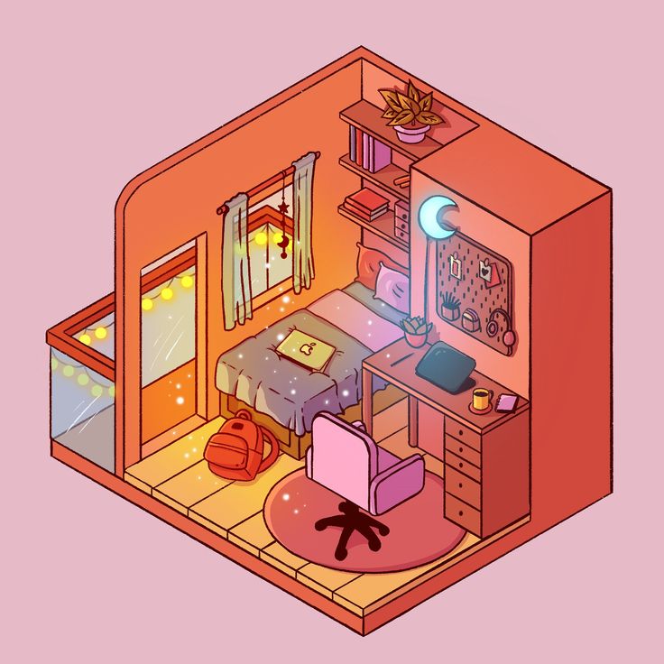 an illustrated view of a small room with a bed and desk