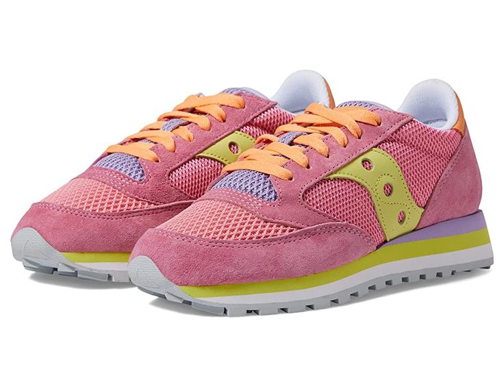 Saucony Originals Jazz Triple - Women's Shoes : Light Pink/Lime : Stretch your legs and feet in the comfort of the Saucony Originals Jazz Triple sneaker. Textile and synthetic upper. Lace-up closure. Round-toe silhouette. Textile lining and insole. Synthetic outsole. Imported. Measurements: Weight: 10 oz Product measurements were taken using size 8.5, width B - Medium. Please note that measurements may vary by size. Mesh Sneakers With Round Toe And Medium Fit, Medium Fit Mesh Sneakers With Round Toe, Sneakers With Elastic Laces And Round Toe, Nylon High-top Sneakers For Sports With Round Toe, Medium Fit High-top Running Sneakers Lace-up, Casual Low-top Running Shoes With Removable Insole, Jogging High-top Sneakers With Rubber Sole, Casual Nylon Walking Shoes With Round Toe, Spring Running Lace-up Sneakers