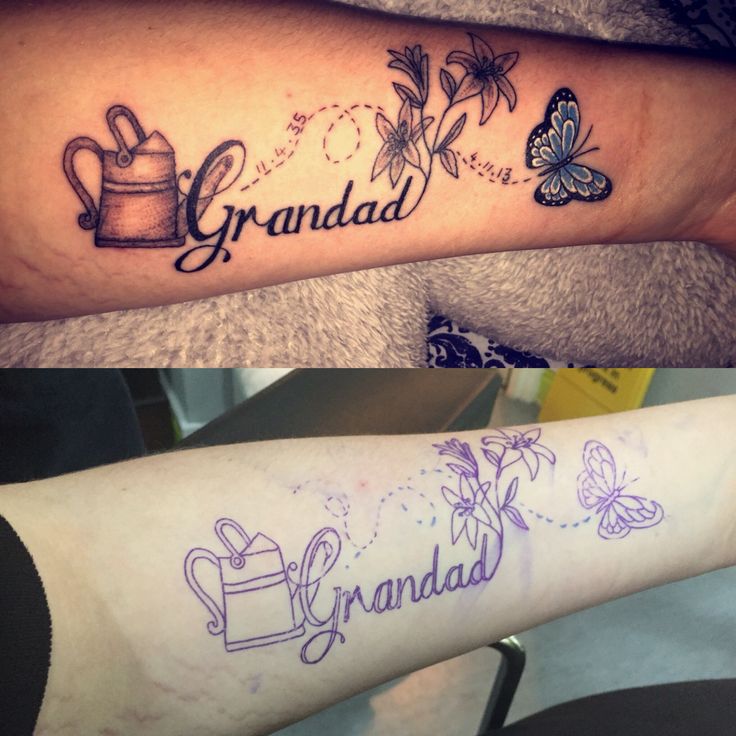 two tattoos that say grandad and grandma on their arms, one with a coffee mug