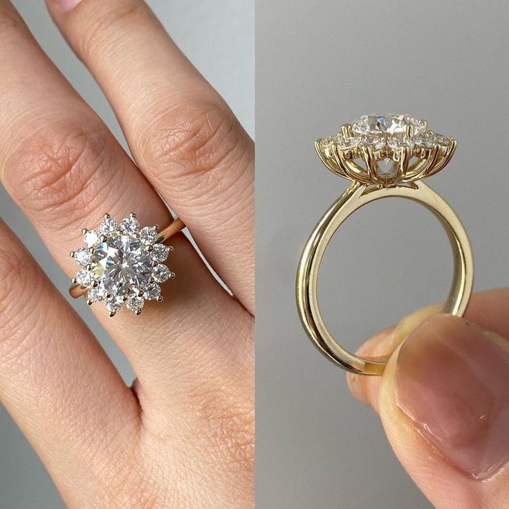 two different views of an engagement ring and the same image of someone's hand