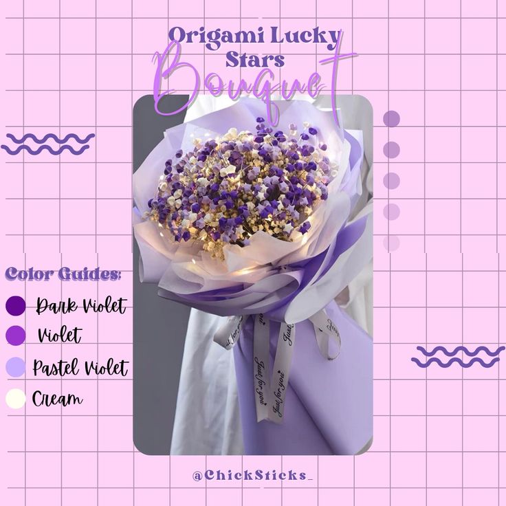 an image of a bouquet with purple and gold flakes on the top, in front of a pink checkered background