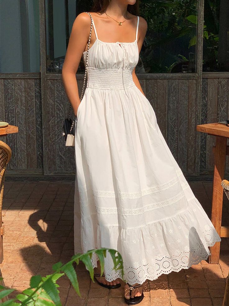 Embroidery Shift Shirred Long Dress White Long Maxi Dress, White Milkmaid Dress Long, White Dress Sundress, Cute Dresses Long Casual, Shirred Wedding Dress, Aesthetic Summer Dresses Long, White Cotton Sundress, Long Cotton Dress Outfit, Cotton Core Aesthetic