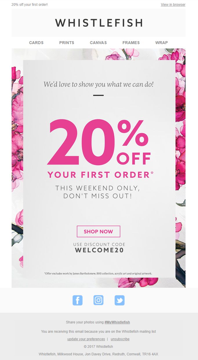 a white and pink flowered background with the words, 20 % off your first order this weekend only don't miss out